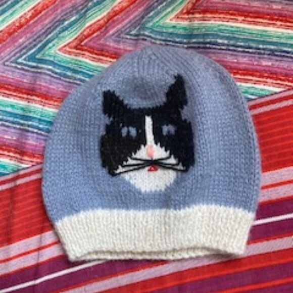 Kitty Cat knit Hat, blue black and white stiching, fits small teen, kids, sz. Sm - Picture 1 of 5